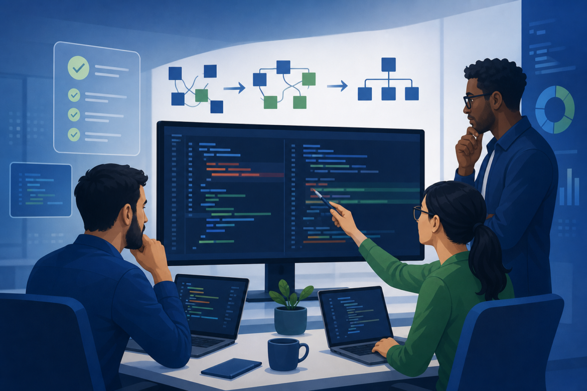 Equipe de desenvolvimento analisando código e testes durante uma revisão com refatoração.