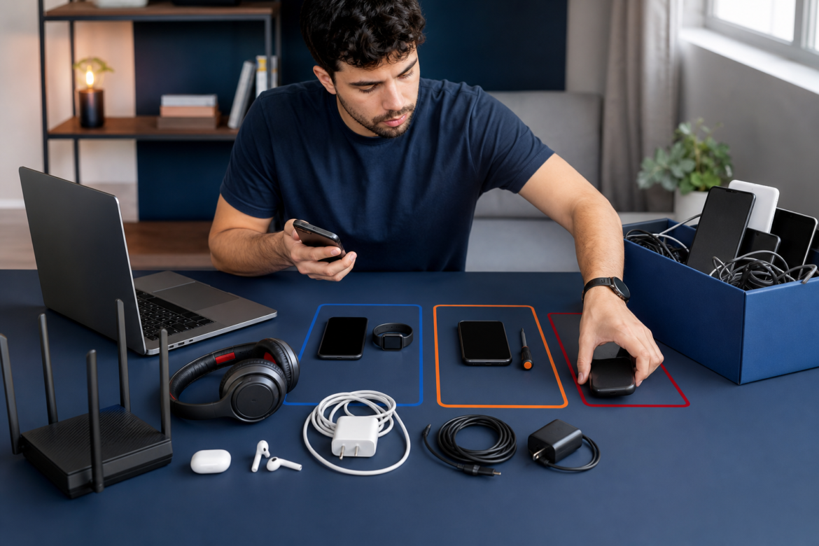 Mesa com dispositivos conectados separados para atualização, reparo, doação e descarte responsável.