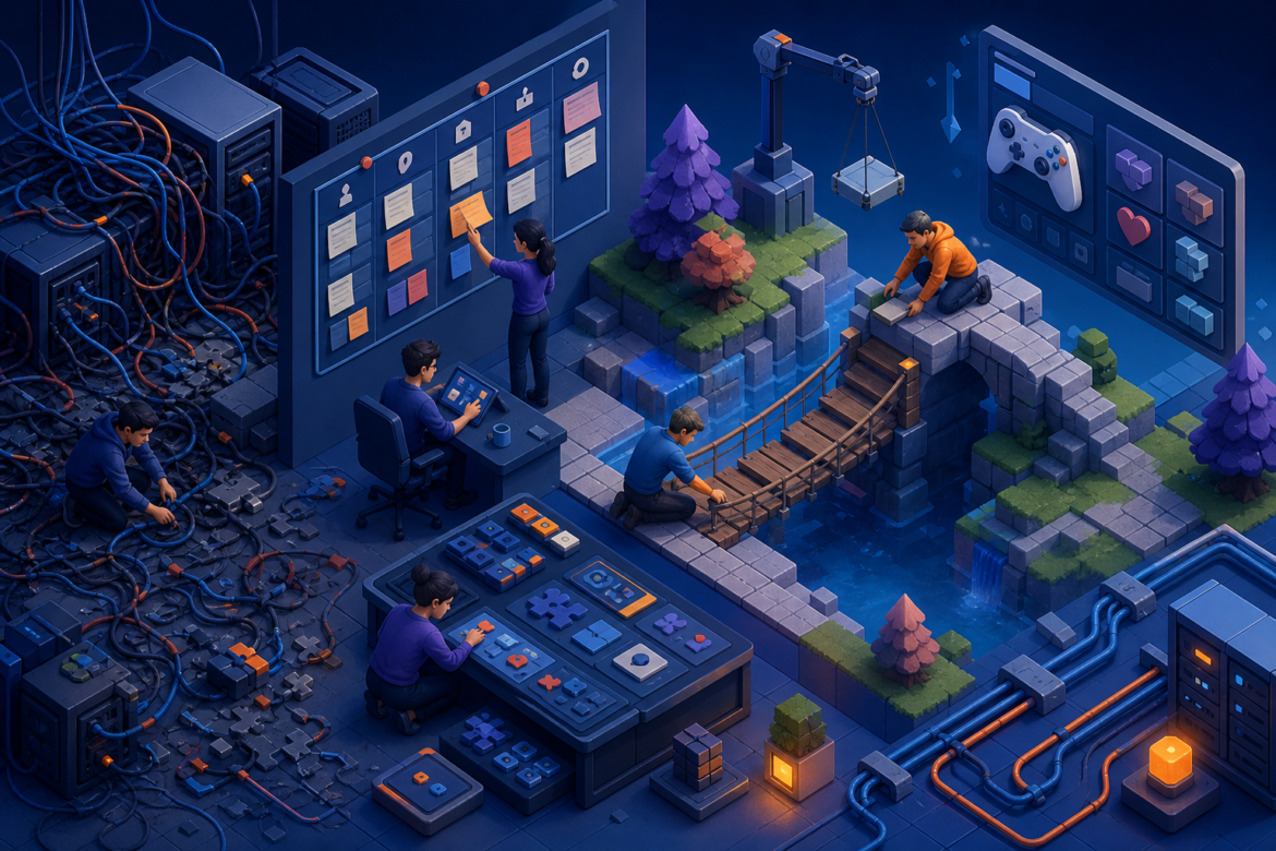 Ilustração de uma equipe organizando pequenas tarefas de manutenção em uma plataforma digital de jogos.