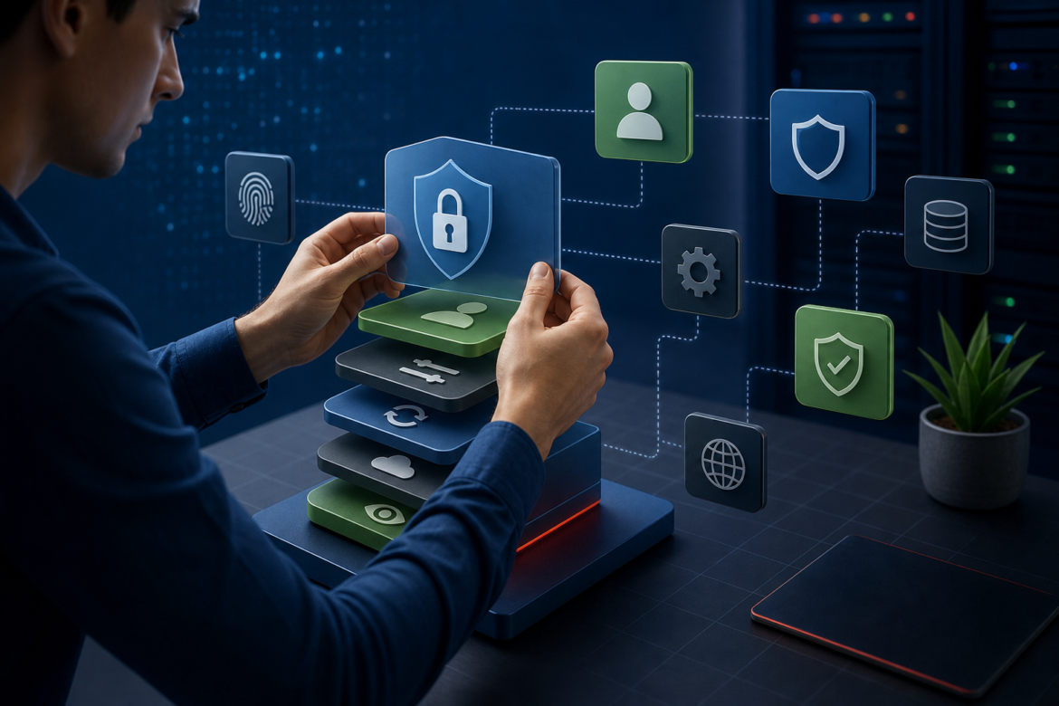 Ilustração de práticas de segurança aplicada, com elementos de identidade digital, permissões, privacidade, atualização e backup.
