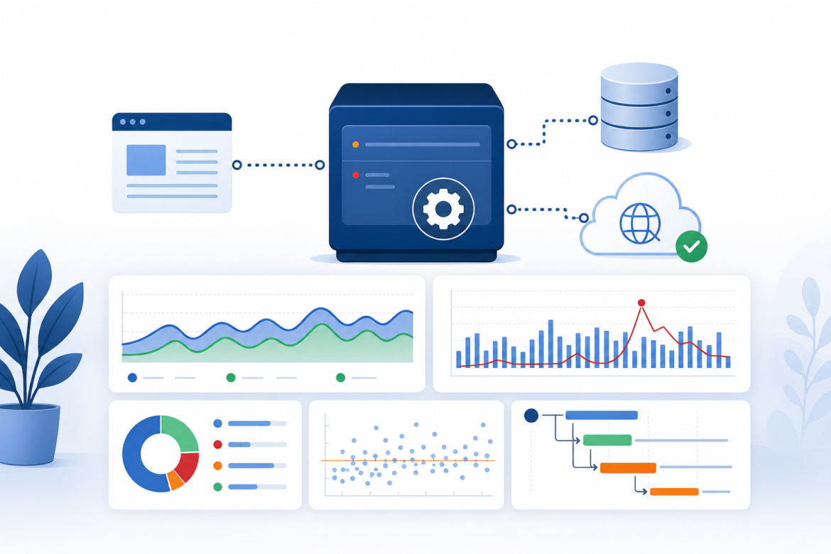 Ilustração de uma API pequena conectada a banco de dados e serviço externo, com métricas, logs e traces de observabilidade.