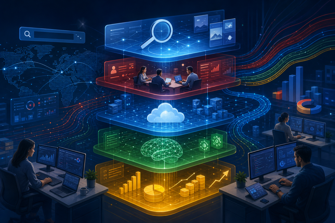 Ilustração abstrata de produtos digitais conectando SaaS, inteligência artificial, nuvem e monetização.