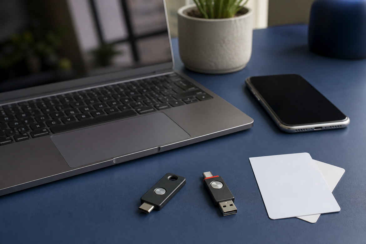 Notebook, celular e chaves de seguranca representando passkeys e autenticacao forte.