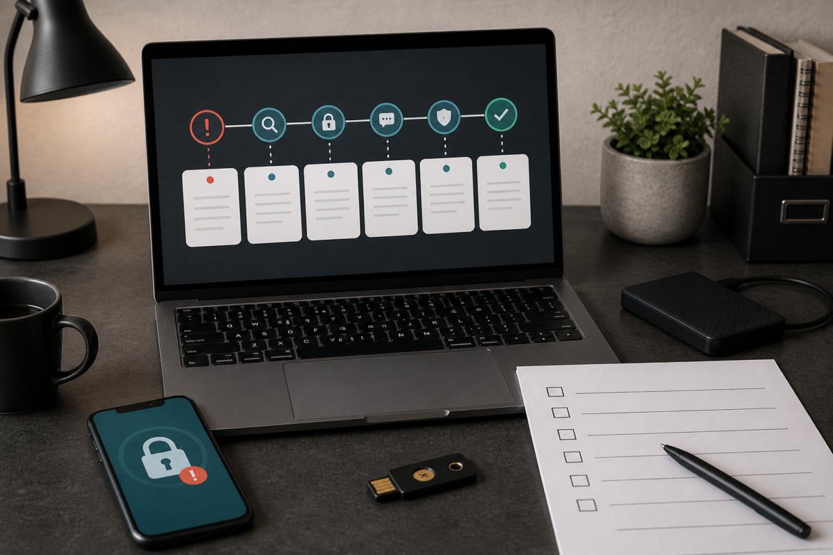 Mesa de seguranca pessoal com linha do tempo de incidente, telefone, chave fisica e checklist.