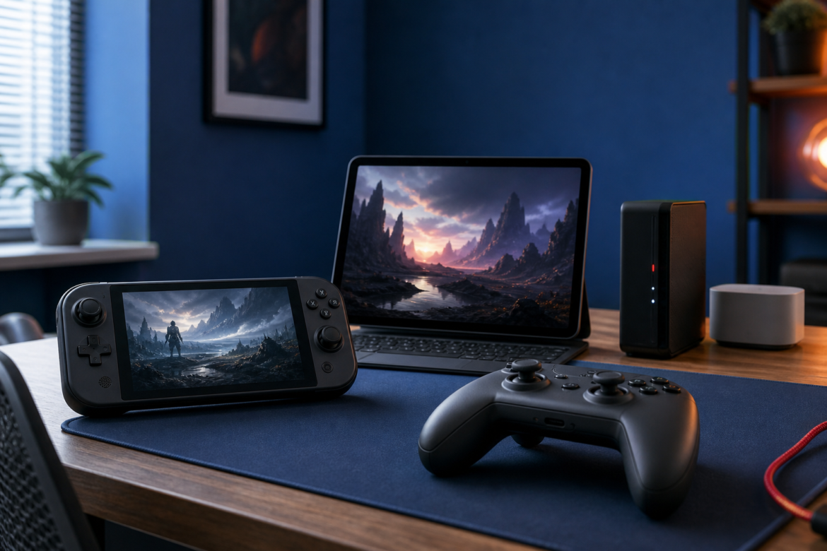 Mesa com console portátil, controle e laptop em uma cena editorial sobre formas de jogar.