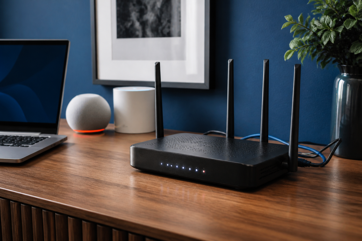 Roteador Wi-Fi sem marca em uma mesa de home office com notebook, cabos e dispositivos domésticos.