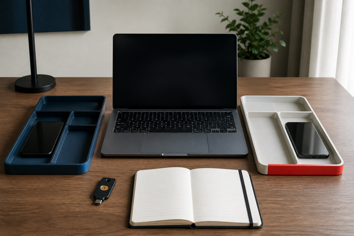 Mesa com notebook, dois celulares e bandejas separando contas pessoais e de trabalho.