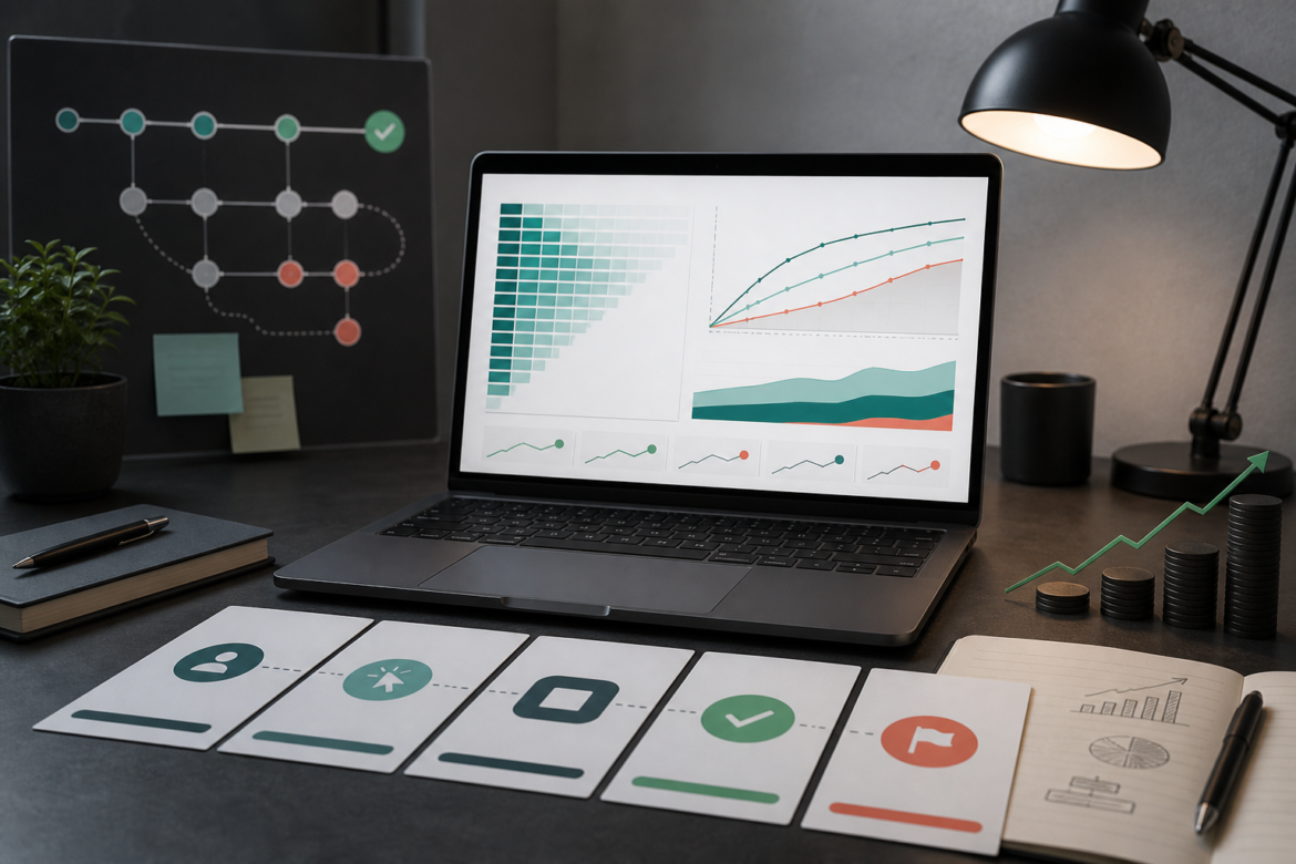 Mesa de analytics de produto com graficos abstratos, jornada de usuarios e sinais de tracao.