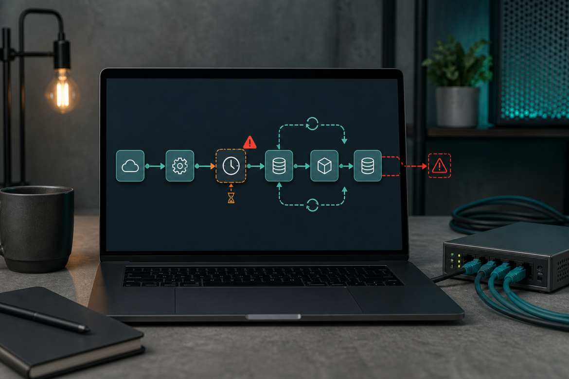 Notebook com diagrama abstrato de integracoes, timeouts e retentativas controladas.