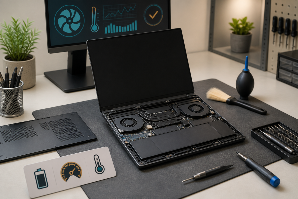 Mesa de manutencao com notebook aberto, ferramentas, escova e diagnosticos visuais de hardware.