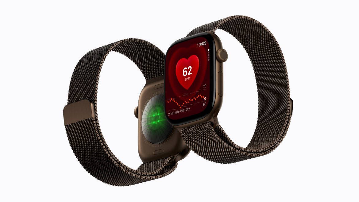 Apple Watch Series 12 em titânio ouro radiante, exibindo a frequência cardíaca e os sensores traseiros.
