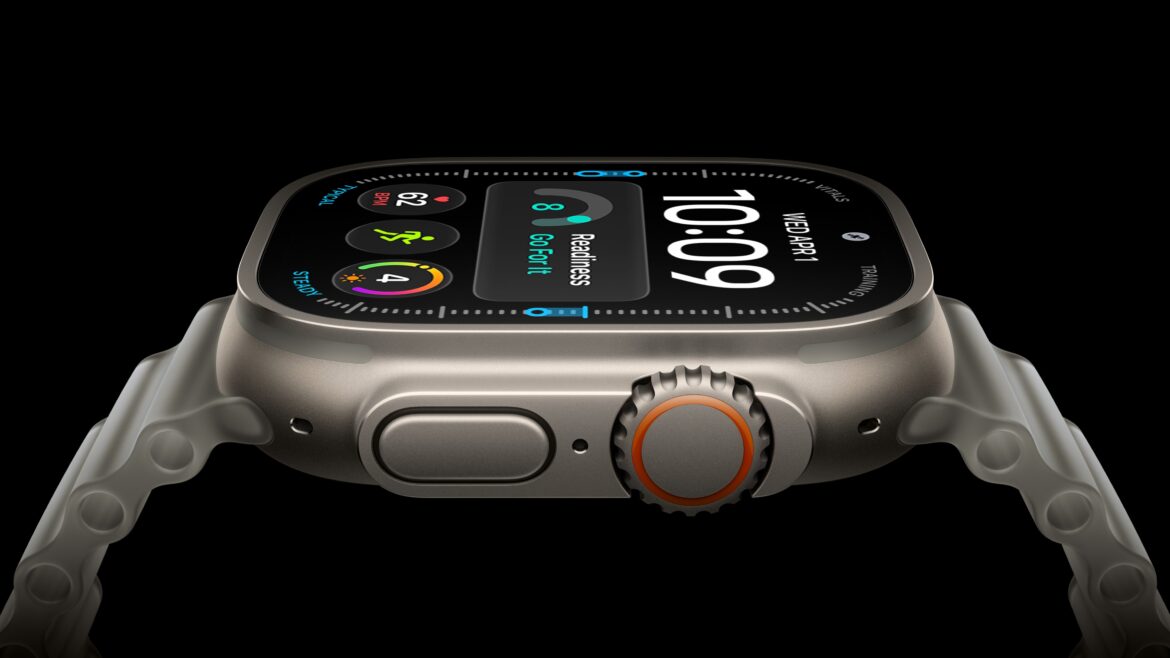 Apple Watch Ultra 4 em titânio natural, exibindo a pontuação de prontidão.