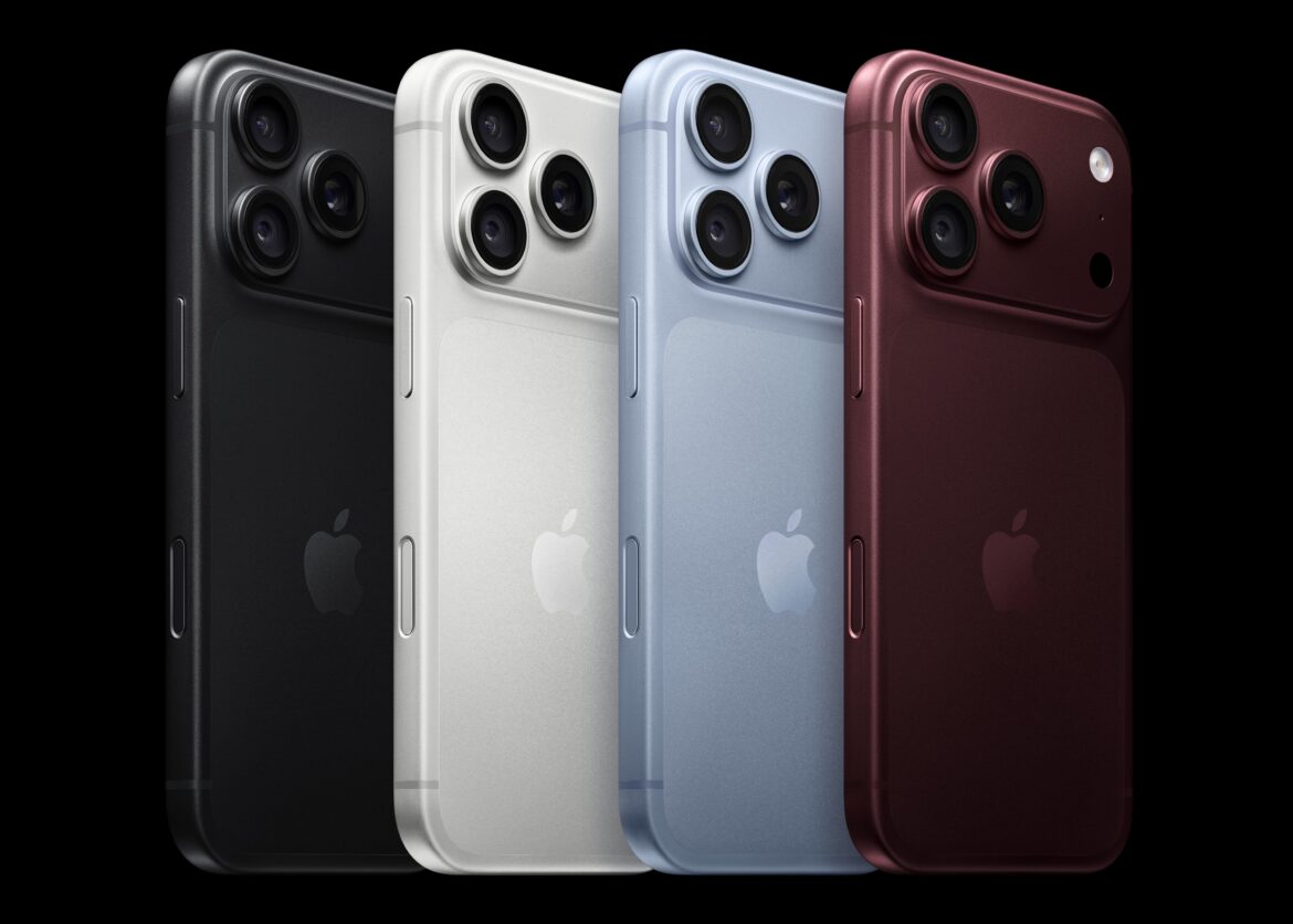 Quatro modelos do iPhone 18 Pro vistos pela traseira nas cores preto, prateado, glacial e bordô.