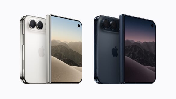 iPhone Duo nas cores branco-estrela e céu noturno, aberto para mostrar a tela dobrável.