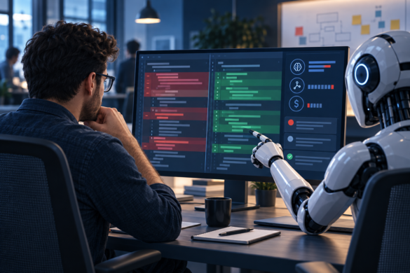 Ilustração editorial de code review com IA e revisão humana em um diff abstrato.