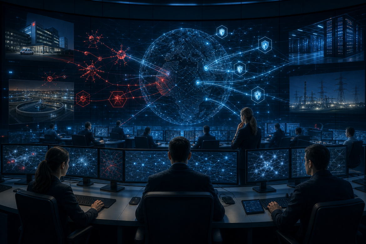 Equipe de segurança monitora infraestrutura crítica conectada enquanto sistemas de IA ampliam ataques e defesas.
