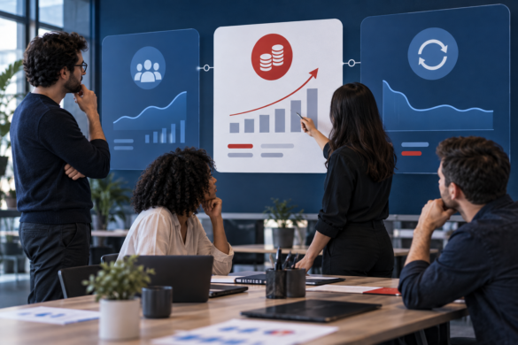 Ilustração editorial sobre métricas de SaaS em painel de produto, receita e retenção.