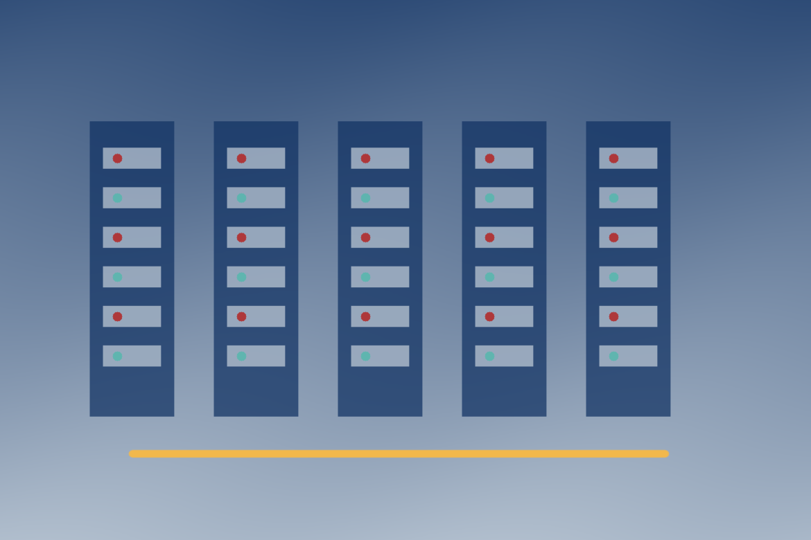 Ilustração editorial de racks de GPUs ligados a um medidor de energia e a gráficos de capacidade.