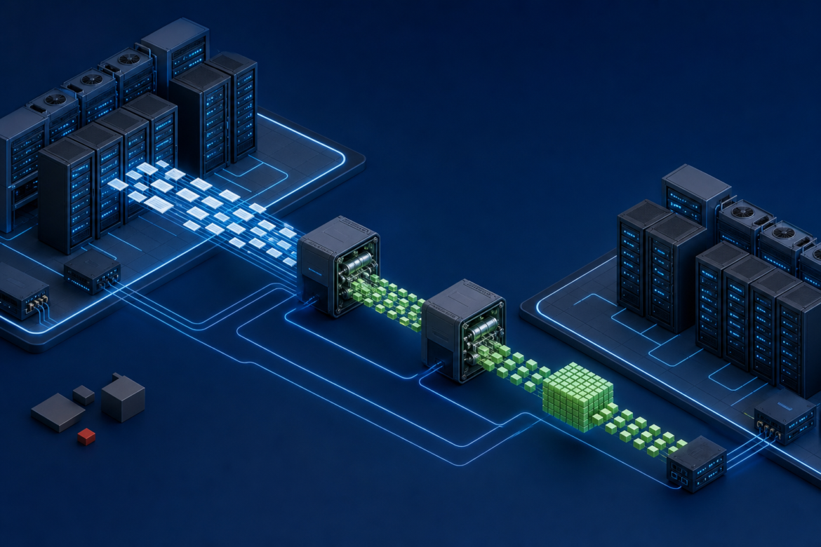 Ilustração de servidores e blocos de dados comprimidos circulando entre data centers.