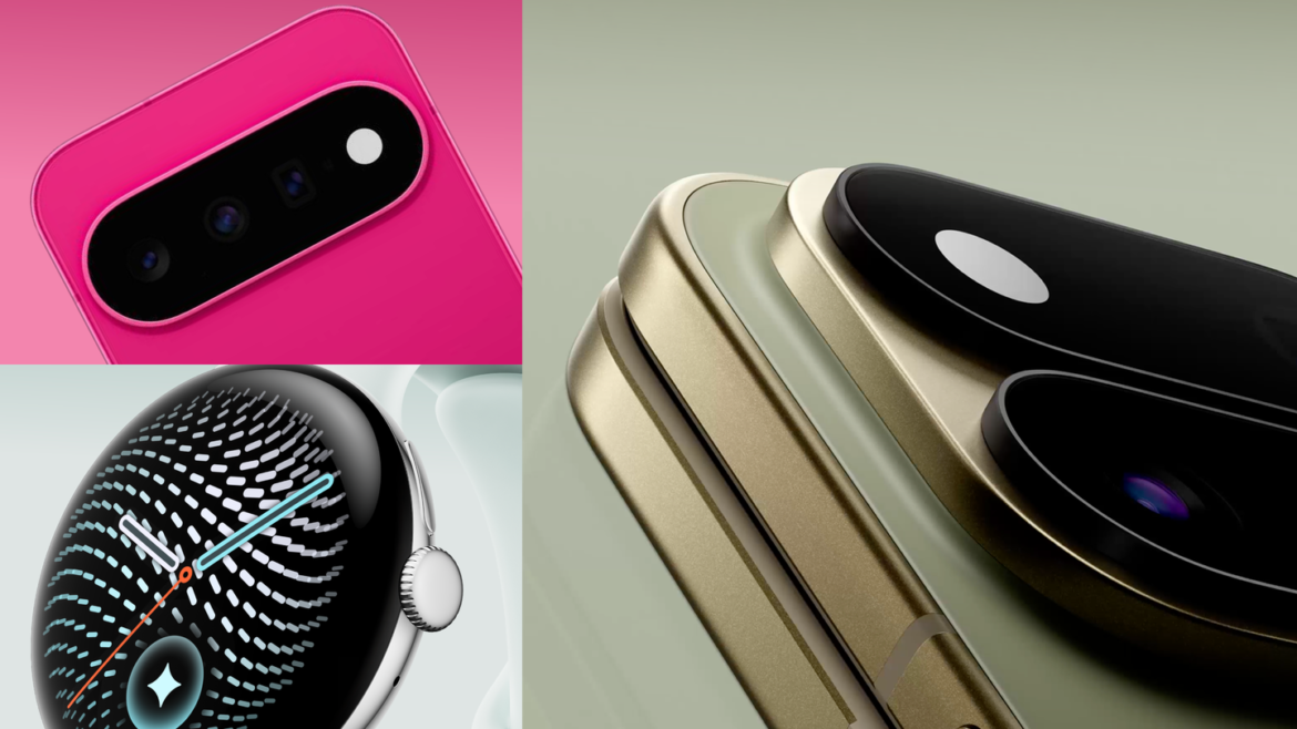 Imagem oficial do Google com os novos dispositivos Pixel 11, Pixel Watch 5 e Pixel Tag.