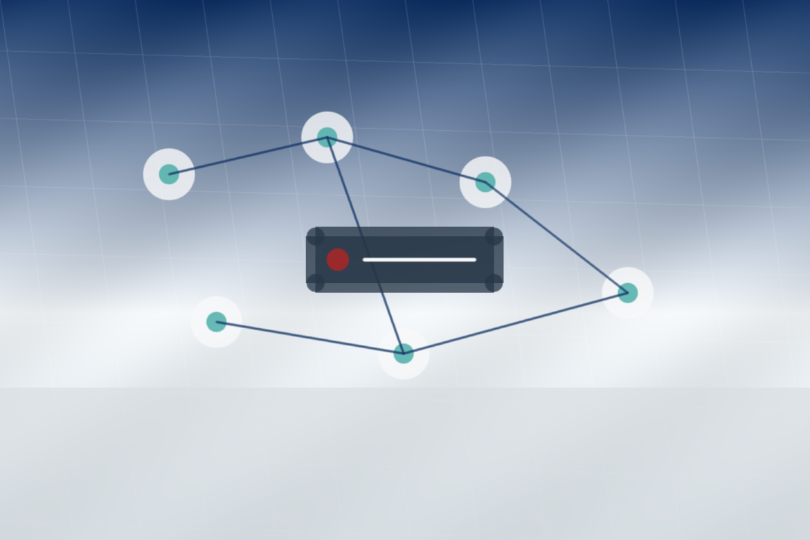 Ilustração editorial de código Python rodando em pontos de borda conectados por APIs.