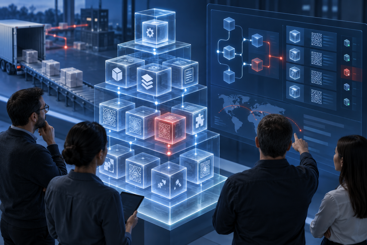 Ilustração editorial de componentes de software conectados em camadas para representar um SBOM.