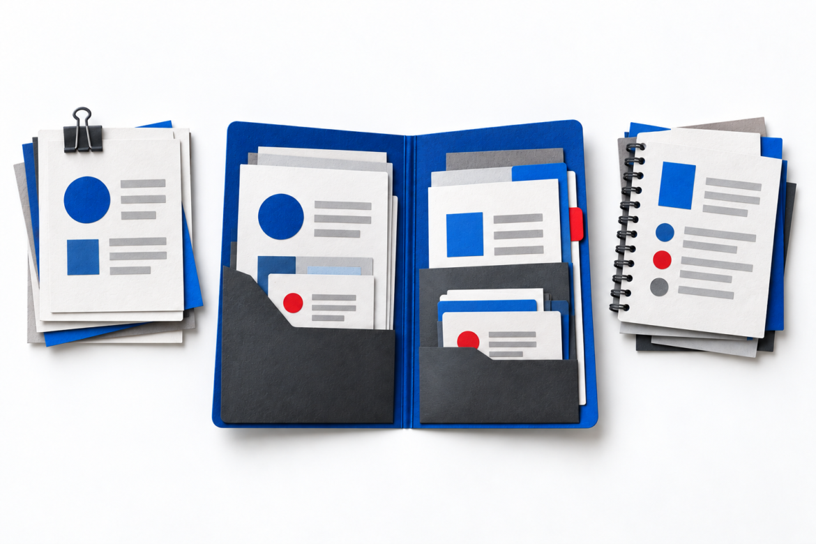 Ilustração de uma pasta azul aberta com folhas e fichas, entre documentos presos por um clipe e um caderno de espiral.
