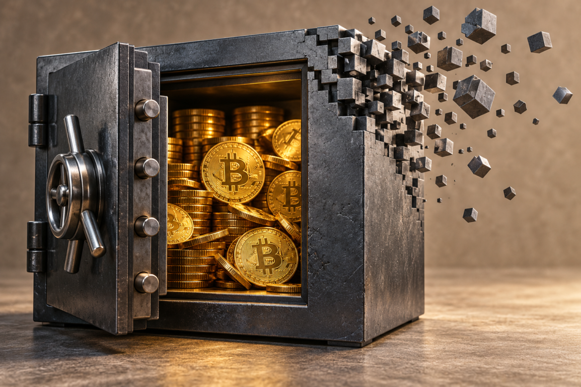 Cofre metálico aberto e cheio de moedas douradas com o símbolo do Bitcoin, com a quina superior direita se desfazendo em pequenos cubos metálicos.