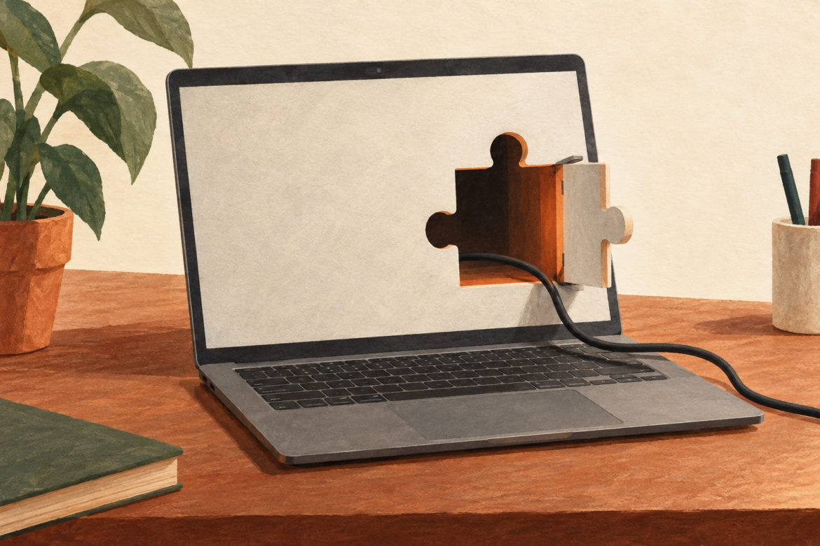 Ilustração de um notebook sobre uma mesa, com uma porta em formato de peça de quebra-cabeça aberta na tela e um cabo preto saindo dela.
