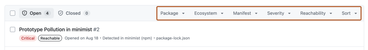 Captura da documentação do GitHub com o filtro Reachability e um alerta de exemplo marcado como Reachable.