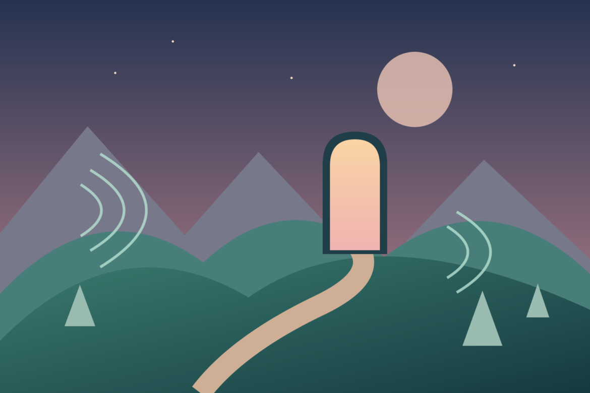 Ilustração de uma paisagem em camadas, com colinas, um portal claro e ondas sonoras sobre o terreno.
