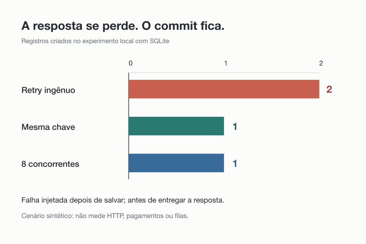 Gráfico dos registros criados no teste: retry ingênuo gera dois; mesma chave e oito chamadas concorrentes geram um em cada cenário.