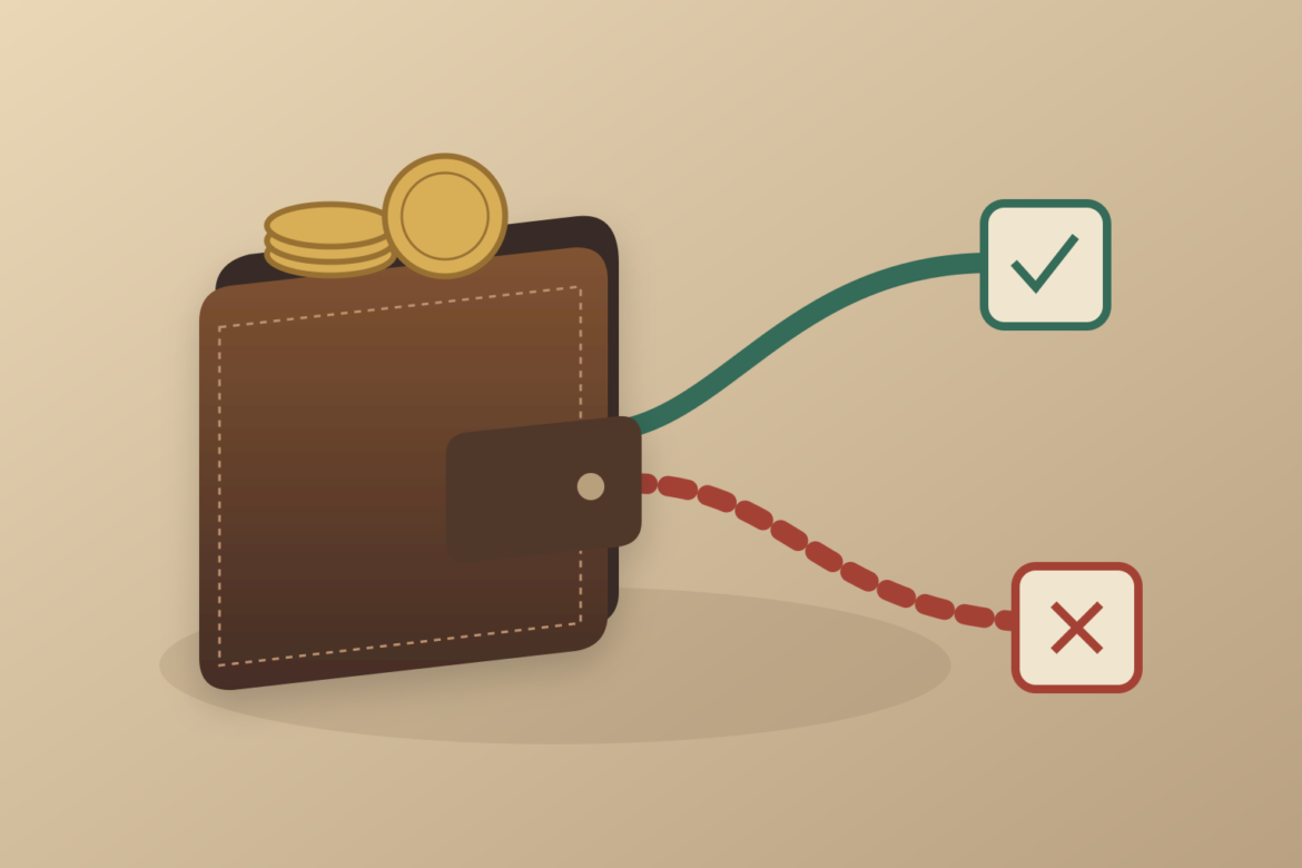 Ilustração de uma carteira marrom e moedas, com dois percursos de pagamento que terminam em destinos diferentes.