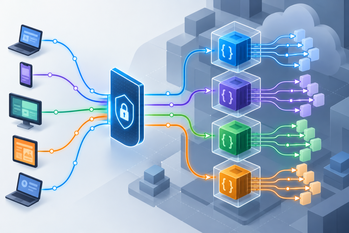 Ilustração de requisições HTTP sendo distribuídas entre ambientes serverless com várias conexões simultâneas.
