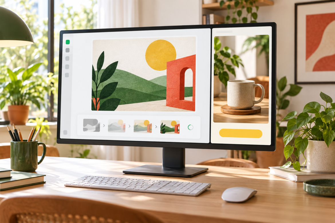 Ilustração editorial de uma interface de geração de imagens com um cartão publicitário visual separado ao lado.