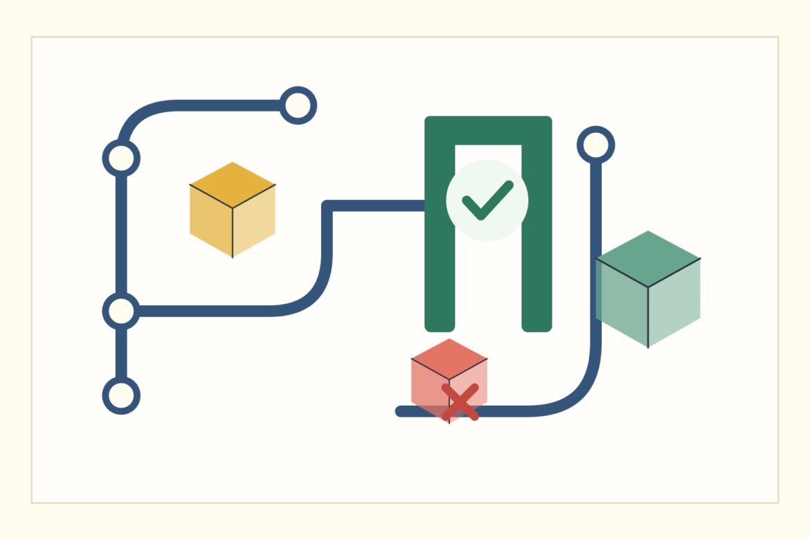 Ilustração com caminhos de código, cubos de pacotes e um portão que separa um caminho aprovado de outro bloqueado.