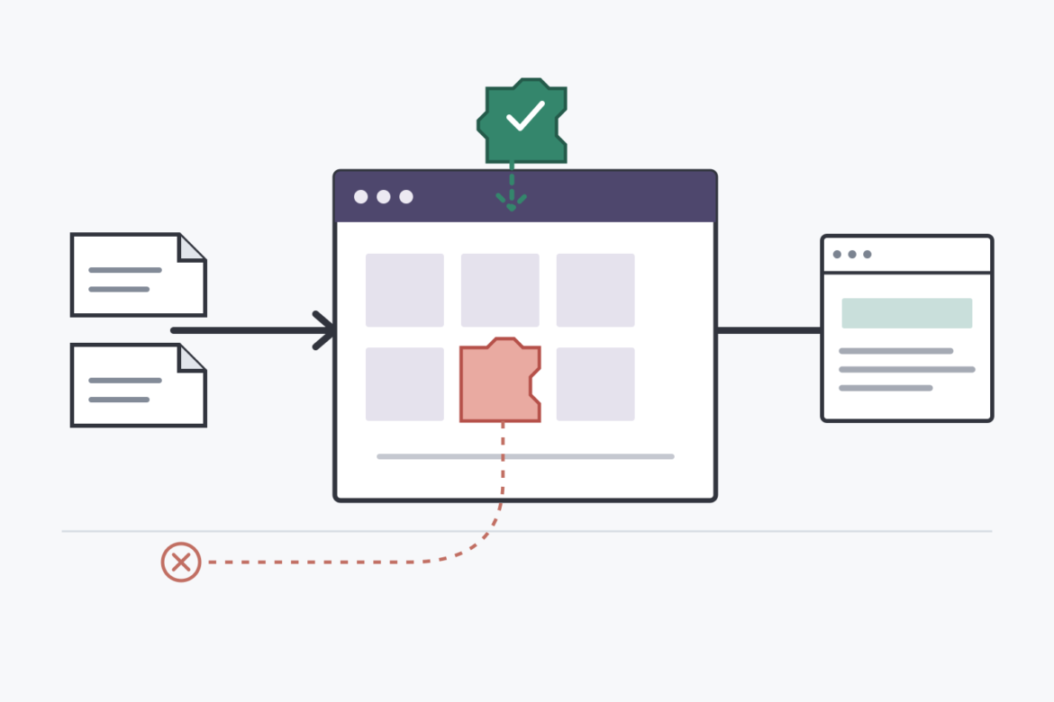 Diagrama com requisições web, um processo de servidor com blocos de memória e uma janela de aplicação; uma peça verde representa a correção na camada intermediária.