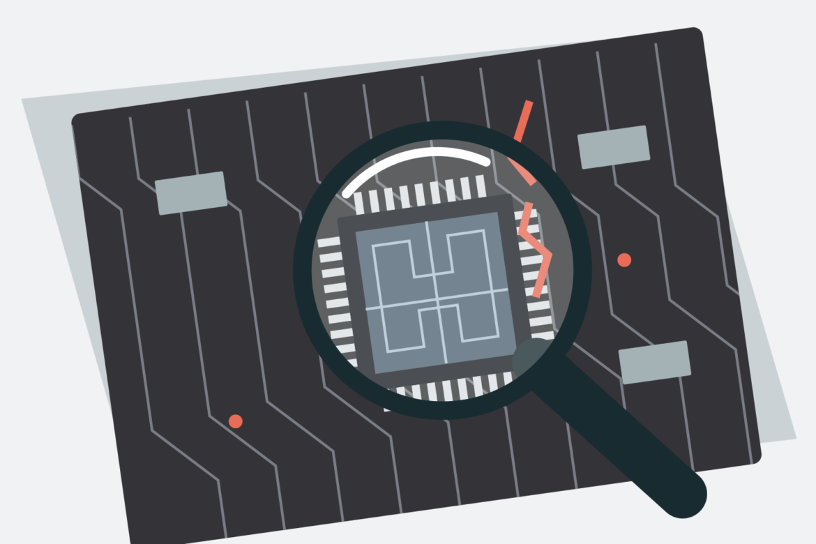 Ilustração de uma lupa sobre um chip em uma placa de circuito; uma trilha vermelha interrompida representa uma falha sob investigação.