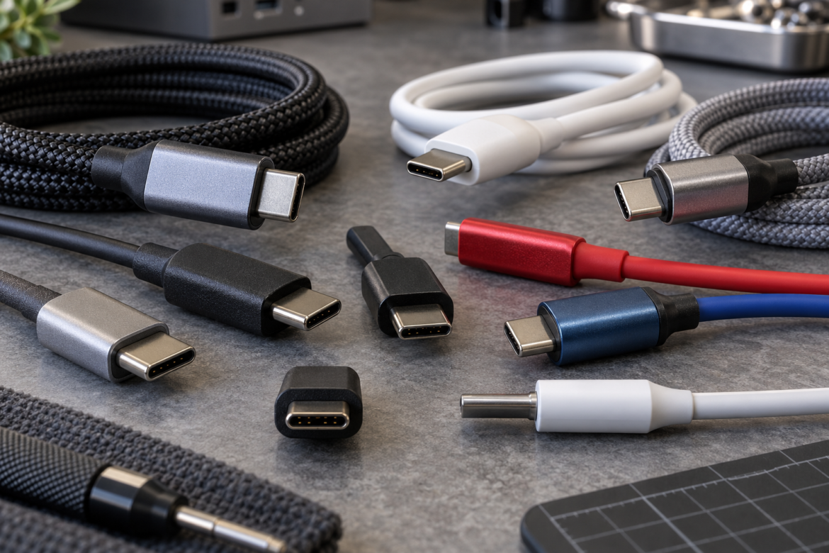 Fotografia ou ilustração de conectores USB-C e cabos com diferenças visuais de construção e capacidade.