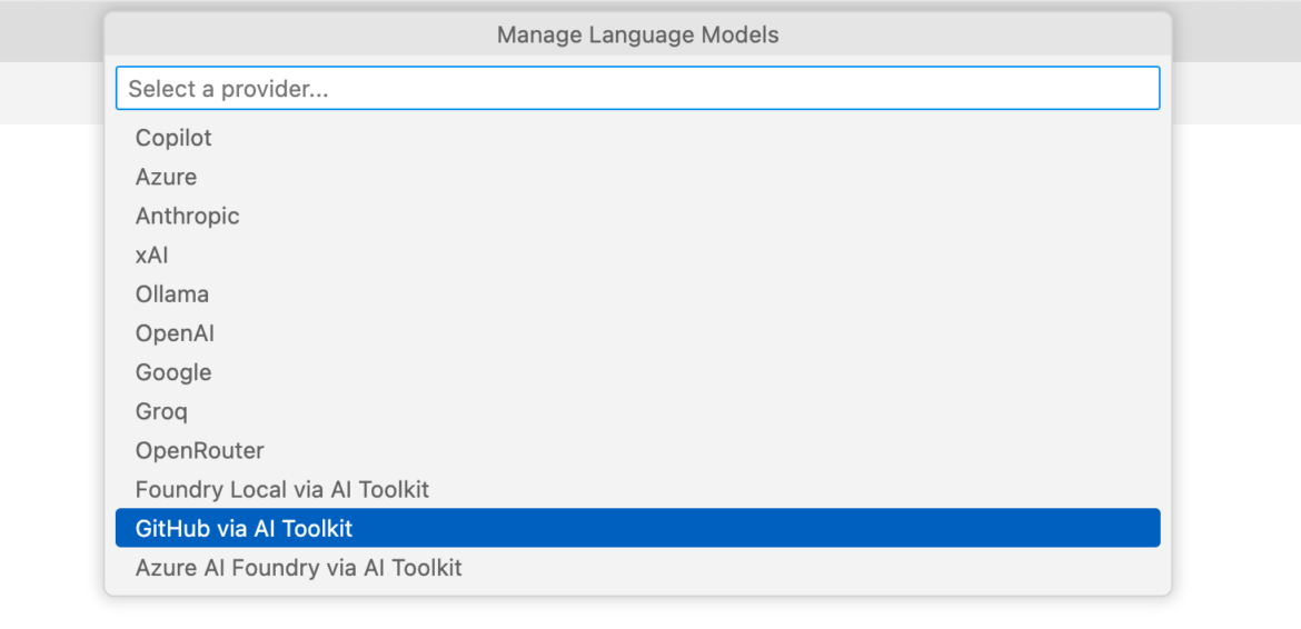 Captura da documentação do GitHub com a janela Manage Language Models e uma lista de provedores no VS Code.