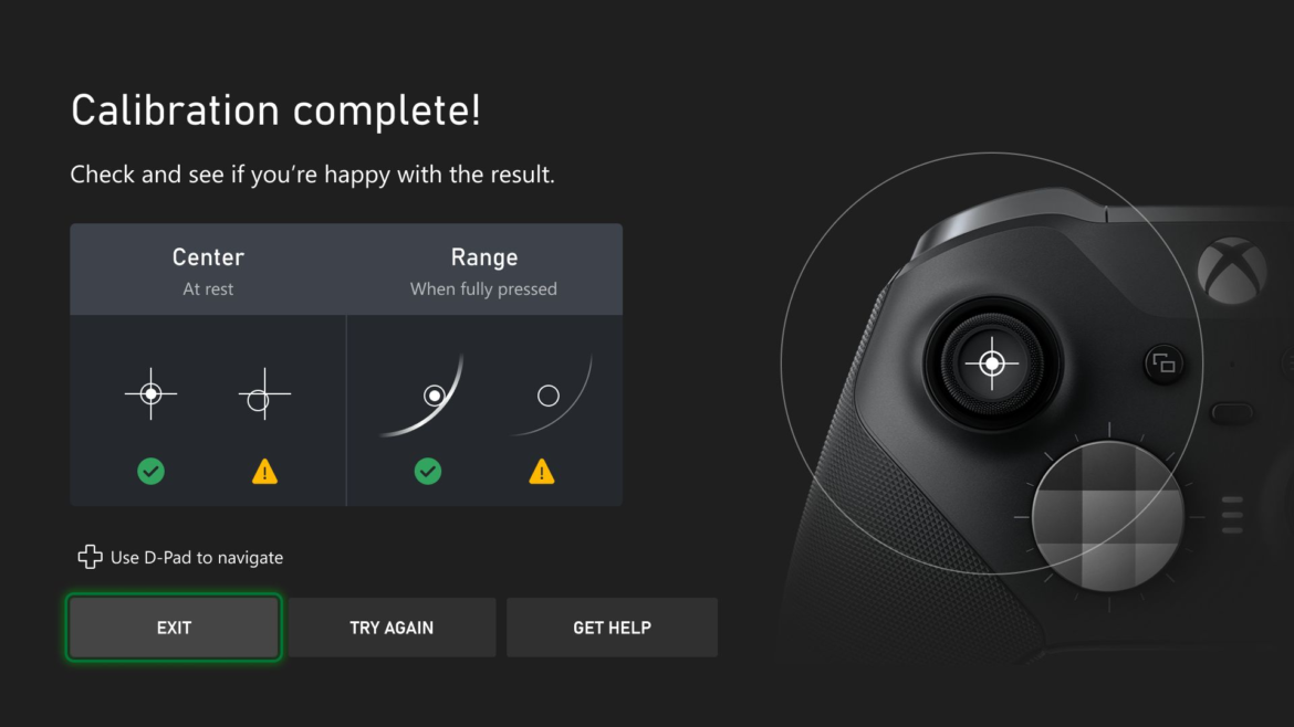Tela oficial de calibração dos analógicos do Xbox, com indicadores de centro e alcance e parte de um controle à direita.